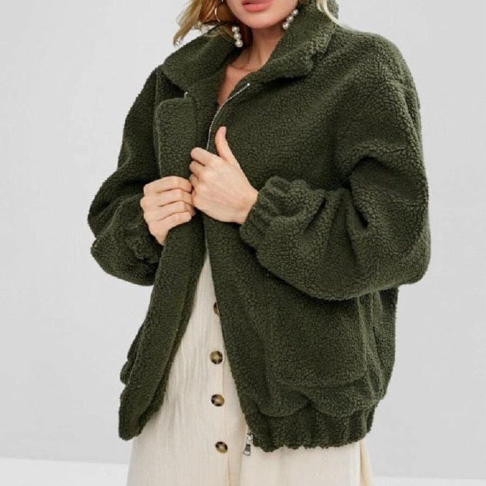 Zaful Oversized Teddy Bear Zip Front Fleece Jacket Army Green Size L